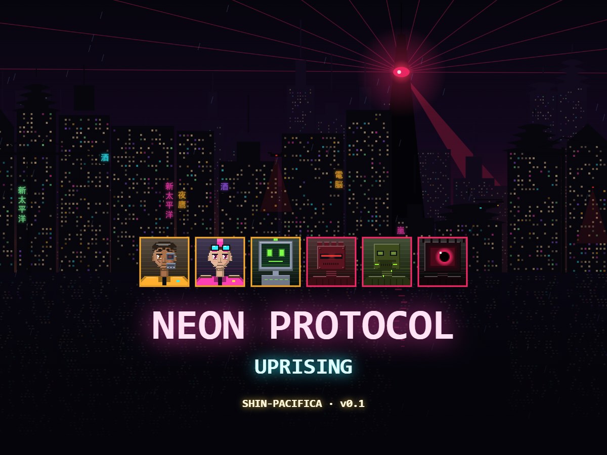 Neon Protocol: Uprising: the Shin-Pacifica skyline under the Overmind's eye, with six of the game's generals