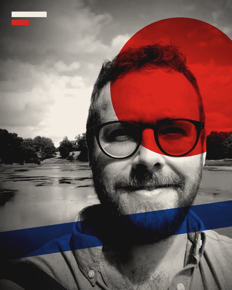 Portrait of Dr Tristan Hotham, in black and white with red and blue constructivist shapes